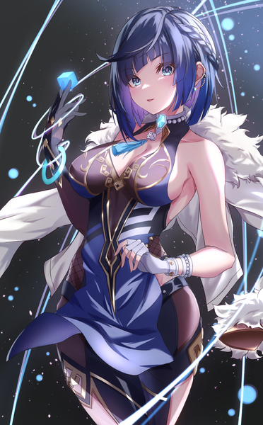 Anime picture 2690x4340 with genshin impact yelan (genshin impact) vic 1223 single tall image looking at viewer blush fringe highres short hair breasts open mouth light erotic simple background large breasts standing white background bare shoulders holding blue hair