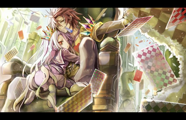 Anime picture 1000x646 with no game no life madhouse shiro (no game no life) sora (no game no life) shino (eefy) long hair short hair hair between eyes red eyes brown hair yellow eyes white hair couple girl boy uniform school uniform crown card (cards) throne