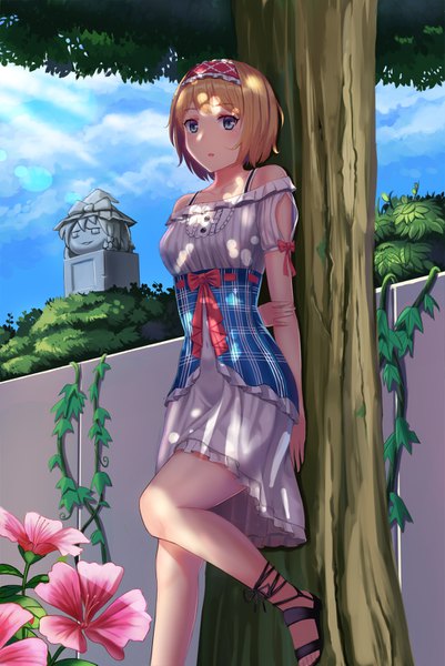 Anime picture 1000x1495 with touhou kirisame marisa alice margatroid du mogu single tall image looking at viewer blush fringe short hair open mouth blue eyes blonde hair standing sky cloud (clouds) bent knee (knees) outdoors sunlight :o