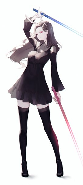 Anime picture 1207x2664 with original erospanda single long hair tall image looking at viewer black hair simple background standing white background bare shoulders animal ears full body pink eyes bunny ears zettai ryouiki fake animal ears girl thighhighs dress