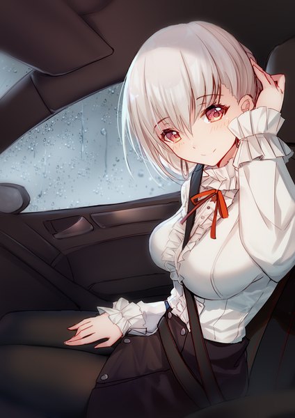 Anime picture 1000x1415 with girls frontline rmb-93 (girls frontline) bison cangshu single tall image looking at viewer blush fringe short hair breasts smile hair between eyes red eyes sitting silver hair long sleeves arm up rain between breasts car interior