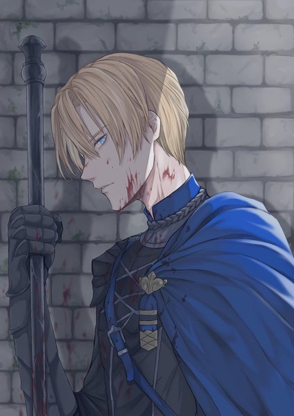 Anime picture 724x1024 with fire emblem fire emblem: three houses nintendo dimitri alexandre blaiddyd shimizu akina single tall image looking at viewer fringe short hair blue eyes blonde hair hair between eyes holding upper body parted lips profile shadow blood on face against wall