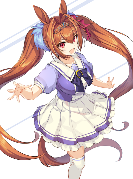 Anime picture 1482x2000 with umamusume daiwa scarlet (umamusume) ikomochi single tall image fringe open mouth hair between eyes red eyes brown hair twintails animal ears tail very long hair animal tail pleated skirt from above outstretched arm horse ears horse tail