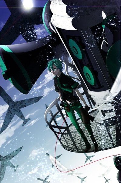 Anime picture 1164x1751 with vocaloid koi wa sensou (vocaloid) hatsune mikuo yukinosetsu (artist) single tall image short hair open mouth green eyes sky cloud (clouds) green hair wind boy gloves navel shirt necktie belt sun