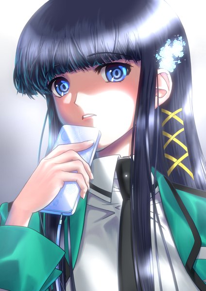 Anime picture 2894x4093 with mahouka koukou no rettousei shiba miyuki owada ga toshi single long hair tall image looking at viewer fringe highres blue eyes black hair standing holding payot blunt bangs parted lips girl uniform hair ornament school uniform