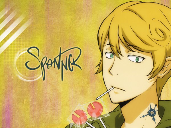 Anime picture 1600x1200 with katekyou hitman reborn spanner single short hair blonde hair green eyes looking away tattoo wallpaper character names boy food sweets candy lollipop
