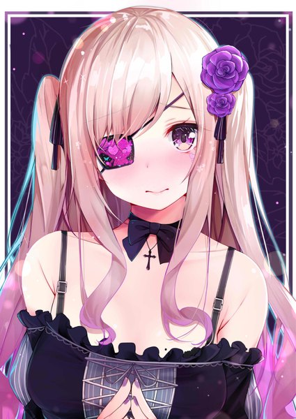 Anime picture 1532x2162 with original rouka (akatyann) single long hair tall image looking at viewer blush fringe simple background blonde hair purple eyes payot upper body nail polish head tilt hair flower fingernails mole two side up facial mark