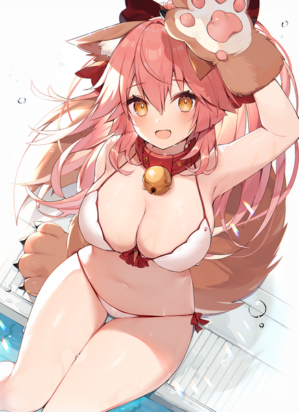 Anime picture 800x1100 with fate (series) fate/grand order tamamo (fate) (all) tamamo cat (fate) muryotaro single long hair tall image looking at viewer blush fringe breasts open mouth light erotic simple background hair between eyes large breasts sitting animal ears payot
