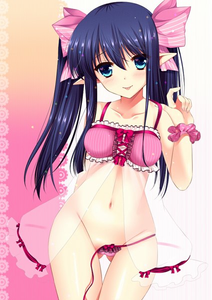 Anime picture 707x1000 with original agekichi (heart shape) single long hair tall image looking at viewer blush fringe blue eyes light erotic hair between eyes twintails blue hair pointy ears underwear only girl navel underwear panties bow