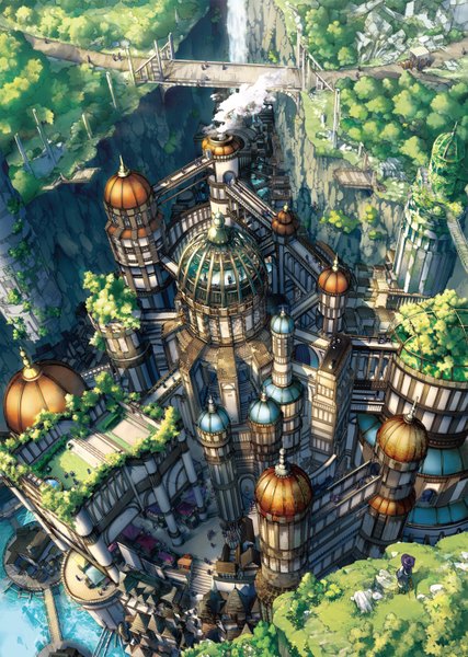 Anime picture 2135x3000 with original nekoneto tall image highres looking away smoke landscape scenic witch waterfall broom riding village plant (plants) tree (trees) water witch hat house bridge people