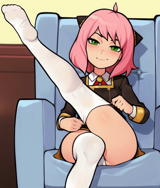 Anime picture 1277x1500 with spy x family anya (spy x family) loodncrood single tall image looking at viewer fringe short hair light erotic smile sitting green eyes pink hair ahoge pantyshot pantyshot sitting smirk leg up girl thighhighs