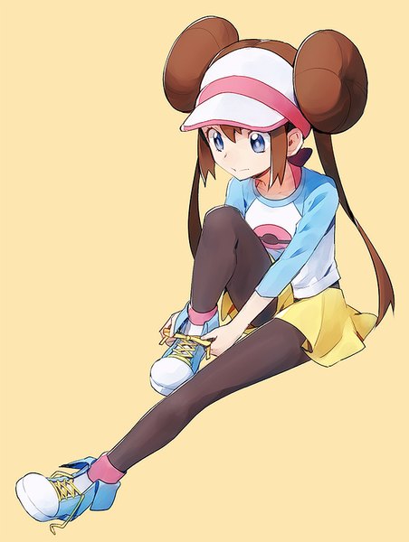 Anime picture 640x850 with pokemon pokemon black and white nintendo rosa (pokemon) kurochiroko single long hair tall image blue eyes simple background brown hair sitting twintails from above hair bun (hair buns) orange background girl pantyhose shoes sneakers