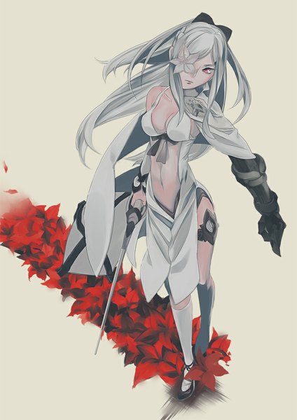 Anime picture 723x1023 with drakengard zero (drag-on dragoon) puny single long hair tall image fringe breasts light erotic red eyes large breasts standing holding looking away cleavage head tilt wind grey hair hair over one eye yellow background
