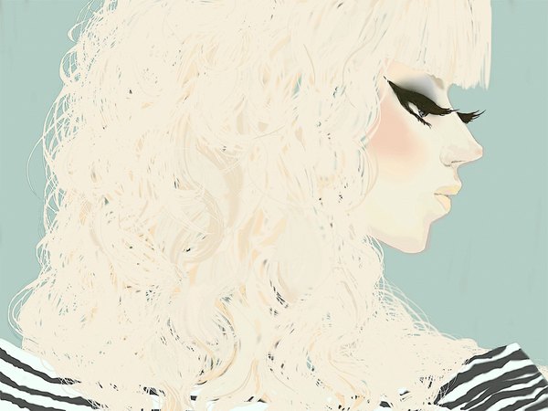 Anime picture 1100x825 with lady gaga tagme (artist) single long hair blush fringe simple background blonde hair profile grey eyes portrait wavy hair striped face eyeshadow curly hair girl