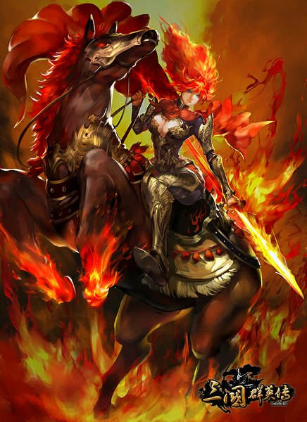 Anime picture 700x963 with youshun (naturaljuice) tall image looking at viewer fringe breasts blue eyes sitting holding bent knee (knees) orange hair glowing weapon girl weapon animal sword armor cloak flame horse