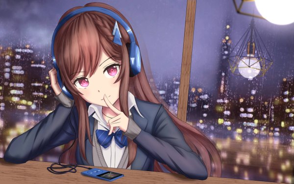Anime picture 2560x1600 with virtual youtuber ipod game club project doumyouji cocoa vagrant painter single long hair looking at viewer blush fringe highres smile hair between eyes brown hair payot upper body indoors braid (braids) head tilt pink eyes