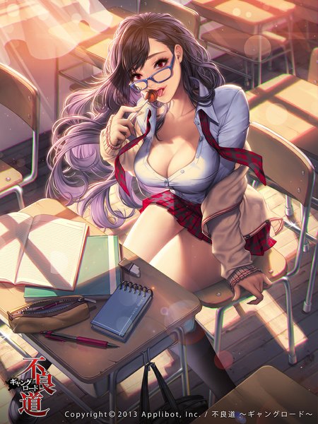 Anime picture 750x1000 with furyou michi ~gang road~ love cacao single long hair tall image looking at viewer light erotic black hair red eyes sitting cleavage girl skirt uniform school uniform miniskirt shirt socks glasses food