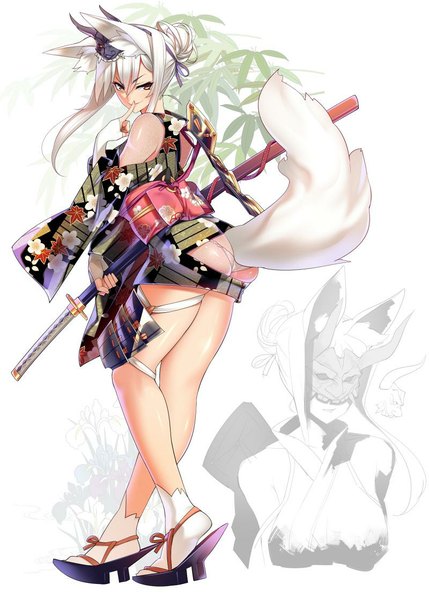 Anime picture 800x1118 with tagme (character) dragonmaterial single tall image light erotic bare shoulders brown eyes animal ears payot ass white hair tail traditional clothes japanese clothes animal tail hair bun (hair buns) leaning leaning forward fox ears finger to mouth