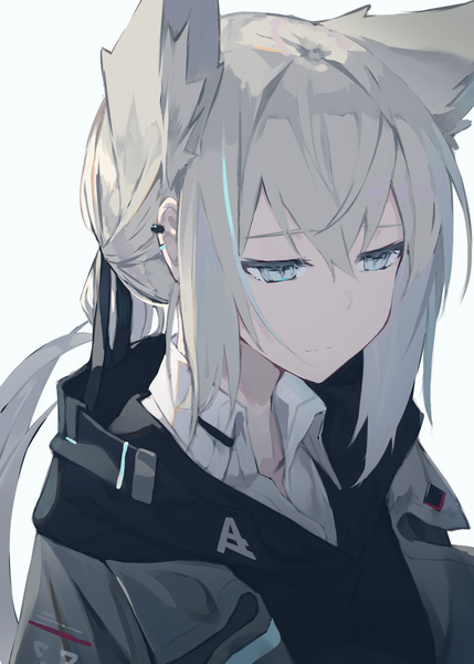 Anime picture 1036x1450 with original nagishiro mito single long hair tall image fringe blue eyes hair between eyes white background animal ears payot looking away upper body grey hair fox ears piercing fox girl ear piercing low ponytail extra ears