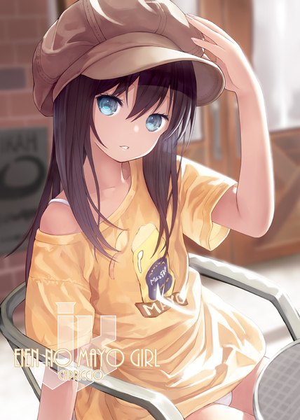 Anime picture 713x1000 with splatoon nintendo capriccio single long hair tall image looking at viewer fringe light erotic hair between eyes brown hair sitting parted lips aqua eyes from above blurry short sleeves depth of field hand on head backlighting