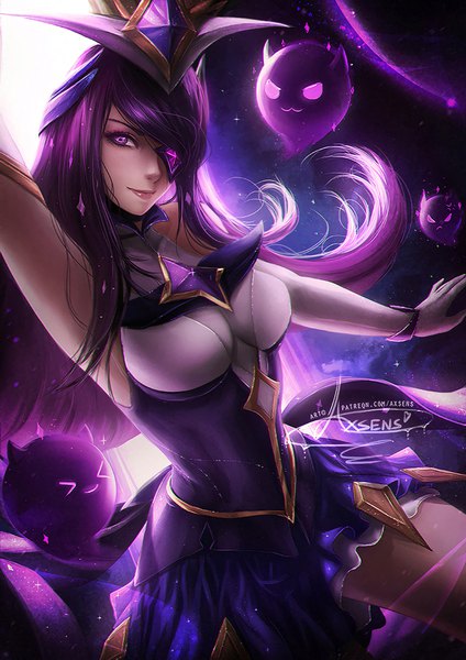 イラスト 763x1080 と league of legends syndra star guardian syndra axsen ソロ 長髪 長身像 カメラ目線 前髪 おっぱい 笑顔 紫目 signed payot purple hair realistic sparkle outstretched arm magic :3