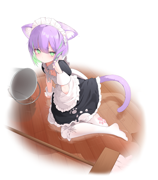 Anime-Bild 5168x5904 mit virtual youtuber indie virtual youtuber shwaa chocpocalypse single tall image looking at viewer blush fringe highres short hair simple background white background green eyes absurdres purple hair full body tail animal tail multicolored hair