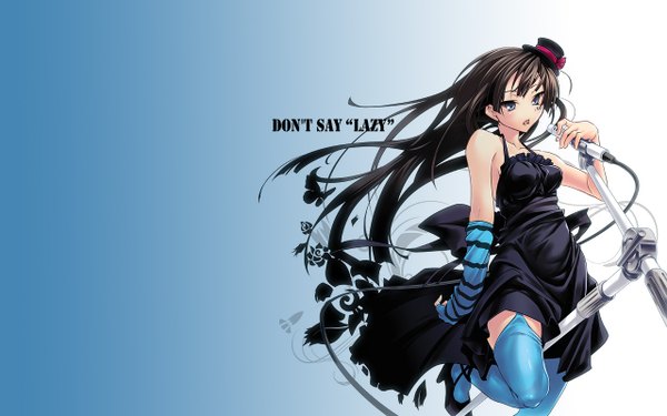 Anime picture 1280x800 with k-on! kyoto animation akiyama mio nilitsu single long hair simple background brown hair wide image standing looking away wallpaper standing on one leg blue background third-party edit singing extended don't say "lazy" girl thighhighs
