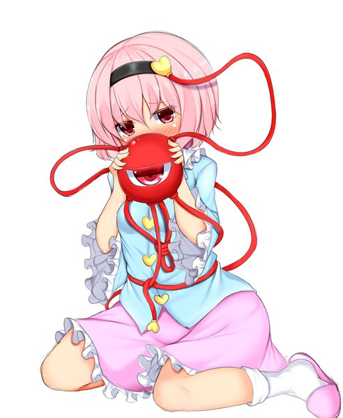 Anime picture 1600x1950 with touhou komeiji satori tokoya (ex-hetare) single tall image looking at viewer blush fringe highres short hair hair between eyes red eyes white background sitting pink hair full body wide sleeves embarrassed covering covered mouth
