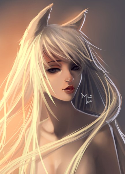 Anime picture 900x1246 with original conejoto single long hair tall image looking at viewer highres breasts blue eyes light erotic bare shoulders animal ears white hair nude lips fox ears gradient background face makeup girl