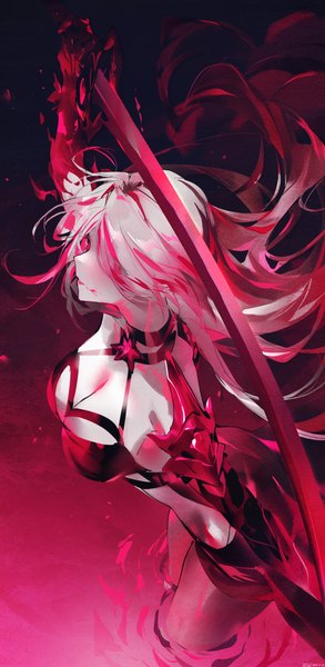 Anime picture 2700x5521 with honkai: star rail honkai (series) acheron (honkai: star rail) swkl:d single long hair tall image fringe highres breasts light erotic red eyes large breasts holding signed looking away cleavage white hair multicolored hair arm up