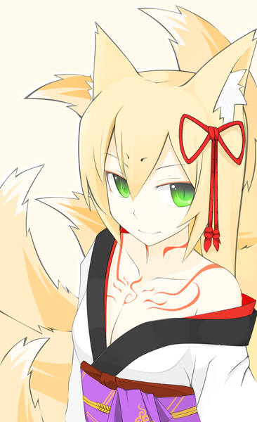 Anime picture 1100x1800 with monster girl quest (game) tamamo (monmusu quest!) dong (pixiv id4581189) single long hair tall image light erotic blonde hair smile white background green eyes animal ears japanese clothes tattoo fox ears fox tail multiple tails girl kimono