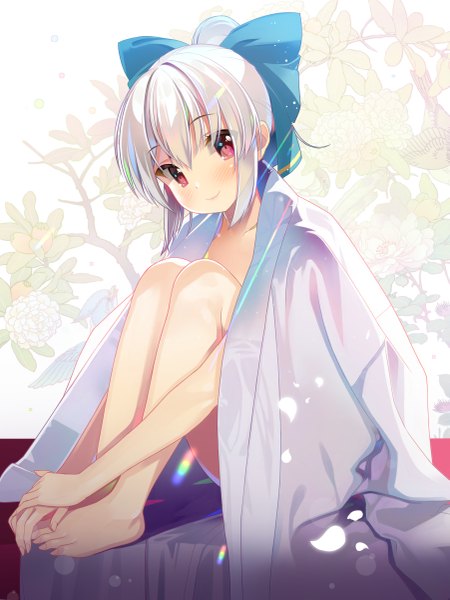 Anime picture 901x1200 with original at-yui single tall image looking at viewer blush fringe short hair light erotic smile hair between eyes sitting payot white hair ponytail pink eyes barefoot nude clothes on shoulders floral background