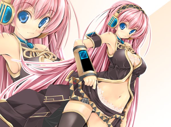 Anime picture 1050x780 with vocaloid megurine luka kuon itsuki single long hair breasts blue eyes light erotic pink hair cleavage zoom layer girl navel detached sleeves hairband