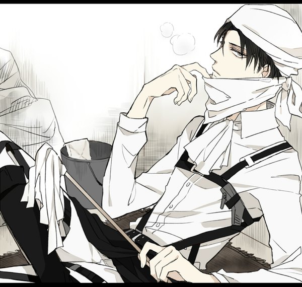 Anime picture 800x760 with shingeki no kyojin production i.g levi (rivaille) shijima tohiro single looking at viewer short hair black hair simple background profile grey eyes letterboxed reclining adjusting clothes boy shirt white shirt knee boots neckerchief bucket