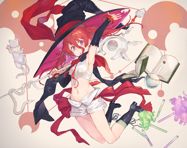 Anime picture 1259x1000 with original kikkaiki single long hair fringe hair between eyes purple eyes twintails holding looking away bent knee (knees) red hair parted lips :o armpit (armpits) outstretched arm jumping alchemy girl navel