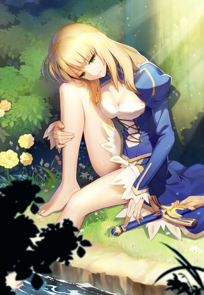 Anime picture 831x1200 with fate (series) fate/stay night type-moon artoria pendragon (all) saber vmax-ver (a3eilm2s2y) single long hair tall image blonde hair green eyes looking away barefoot bare legs girl dress flower (flowers) weapon plant (plants) sword