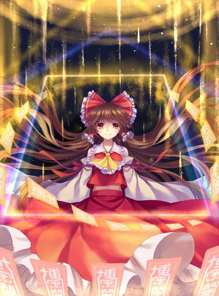 Anime picture 1000x1347 with touhou hakurei reimu mirror (xilu4) single long hair tall image looking at viewer red eyes brown hair light smile girl dress skirt bow hair bow skirt set ofuda