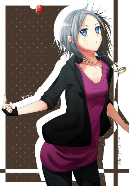 Anime picture 1000x1441 with original koyaya (sorano) single tall image blush short hair blue eyes grey hair :o girl gloves food fingerless gloves pendant berry (berries) strawberry