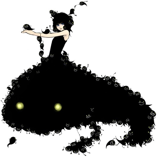 Anime picture 871x874 with original yami shoujo morina nao single tall image looking at viewer short hair open mouth blue eyes black hair simple background white background yellow eyes girl dress black dress monster