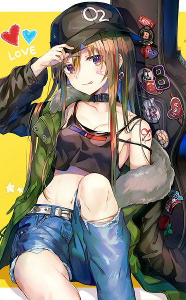 Anime picture 744x1200 with original huwari (dnwls3010) single long hair tall image looking at viewer blush fringe breasts simple background hair between eyes red eyes brown hair sitting payot cleavage multicolored hair arm up off shoulder open jacket