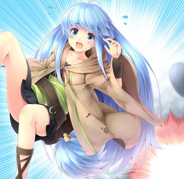 Anime picture 1100x1073 with yu-gi-oh! eria komimiyako single long hair blush open mouth blue eyes blue hair girl skirt belt cloak