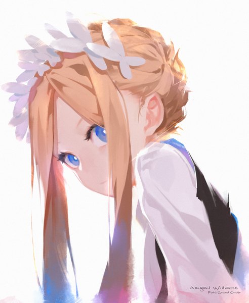 Anime picture 1500x1828 with fate (series) fate/grand order abigail williams (fate) sola7764 single long hair tall image looking at viewer blue eyes blonde hair simple background white background payot upper body braid (braids) alternate costume character names turning head alternate hairstyle crown braid