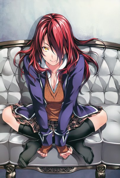 Anime picture 878x1300 with shokugeki no soma j.c. staff kobayashi rindou saeki shun single long hair tall image looking at viewer fringe breasts smile sitting yellow eyes cleavage bent knee (knees) red hair pleated skirt from above hair over one eye shadow