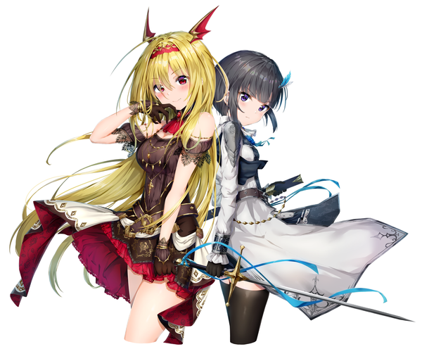 Anime picture 2158x1787 with idolmaster idolmaster cinderella girls idolmaster cinderella girls starlight stage shirayuki chiyo kurosaki chitose kuria (clear trip second) long hair looking at viewer blush fringe highres short hair breasts black hair simple background blonde hair smile red eyes standing white background