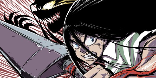 Anime picture 800x400 with ushio to tora tora (ushio to tora) aotsuki ushio yazwo long hair fringe blue eyes black hair hair between eyes wide image looking away profile fang (fangs) grin striped boy weapon monster spear