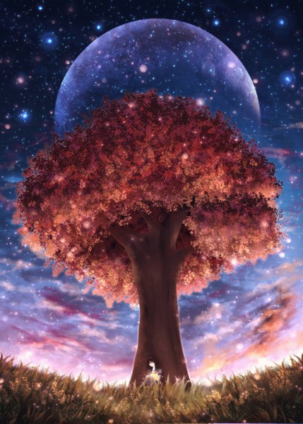Anime picture 2150x3005 with original czy single long hair tall image fringe highres brown hair sitting cloud (clouds) bent knee (knees) eyes closed night shadow night sky evening landscape glow girl uniform