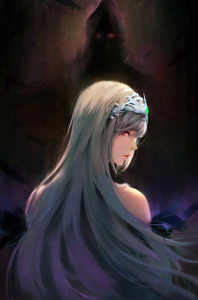 Anime picture 1024x1553 with original kyori long hair tall image blush fringe blonde hair hair between eyes red eyes standing bare shoulders upper body profile looking back glowing glowing eye (eyes) girl hair ornament hood feather (feathers)