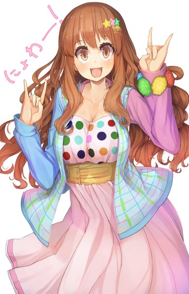 Anime picture 1490x2321 with idolmaster idolmaster cinderella girls moroboshi kirari oruka (kamituki0827) single long hair tall image looking at viewer blush fringe open mouth simple background brown hair white background brown eyes inscription :3 mmm girl hair ornament