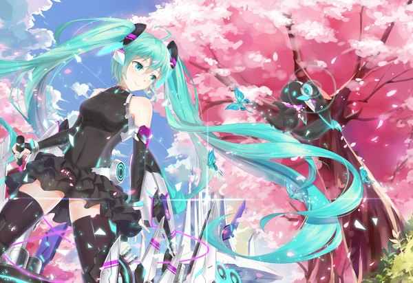 Anime picture 1654x1138 with vocaloid hatsune miku fengsao hua tanzhang single smile twintails looking away sky cloud (clouds) very long hair aqua eyes aqua hair cherry blossoms girl thighhighs dress hair ornament black thighhighs plant (plants) detached sleeves