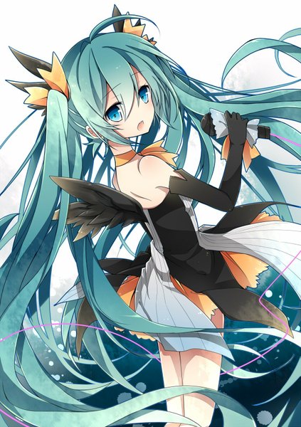 Anime picture 1127x1600 with vocaloid hatsune miku sum (pixiv id4404716) single tall image open mouth twintails bare shoulders ahoge very long hair aqua eyes aqua hair black wings girl dress skirt gloves ribbon (ribbons) hair ribbon wings